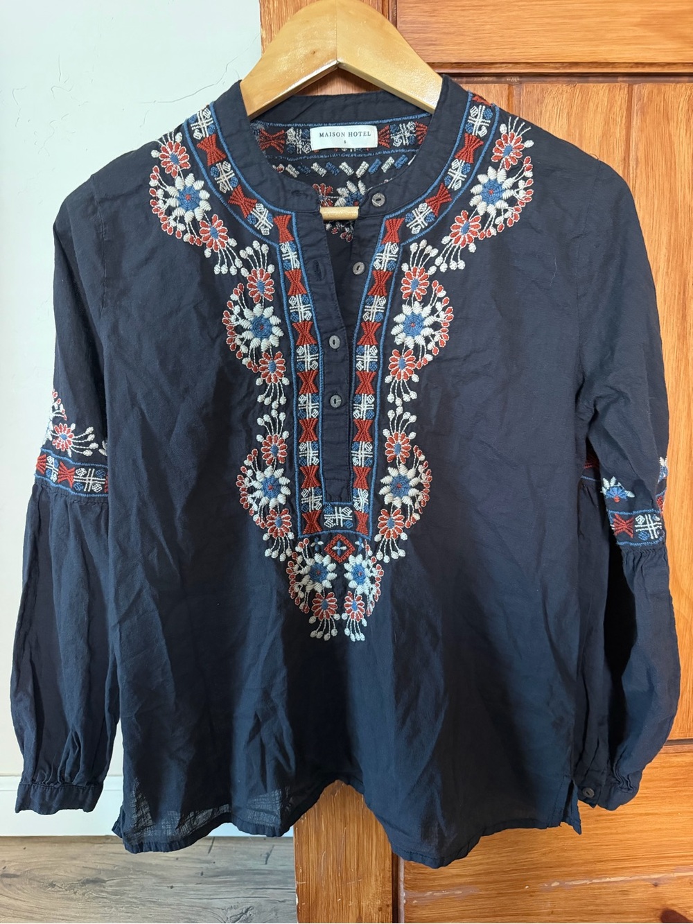 Maison Hotel Embroidered 100% Cotton Blouse - Black - Size S